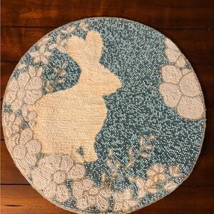 Round Bunny Floral Beaded Placemat - Blue & white w/some silver